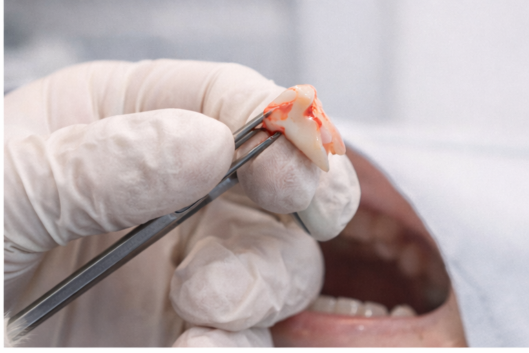 La imagen muestra el diente ya extraído (no la cirugía), lo cual es correcto y no sensacionalista. Extracción dental como parte del tratamiento de ortodoncia
