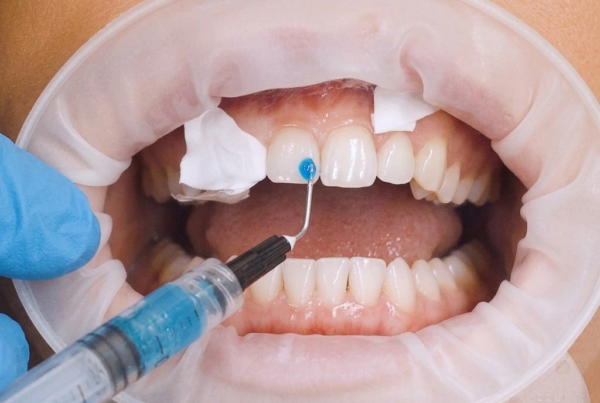 Dentista aplicando bonding dental con composite en diente anterior