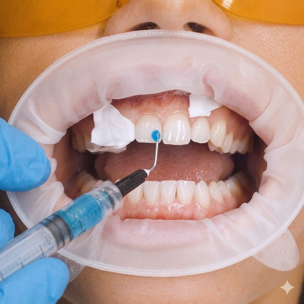 Dentista aplicando bonding dental con composite en diente anterior